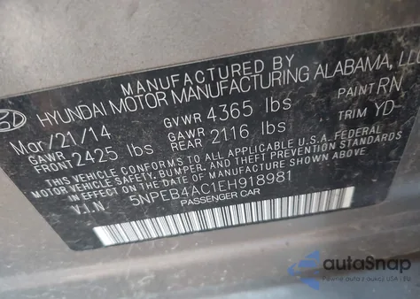 2014 Hyundai Sonata Gls from USA, damaged, VIN 5NPEB4AC1EH918981